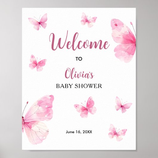 Roze Vlinder Baby Shower Welkom Poster (Voorkant)