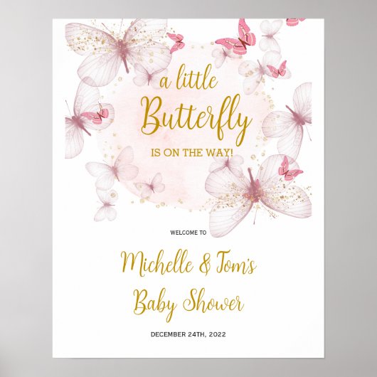 Roze vlinder Baby shower Welkomstteken Poster (Voorkant)