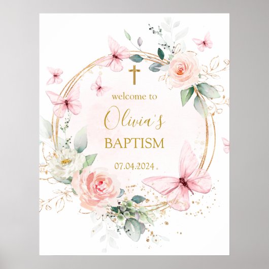 Roze Vlinder Baptisme welkomstbord Poster (Voorkant)
