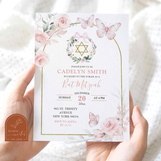 Roze Vlinder Bat Mitzvah Bloem Kaart