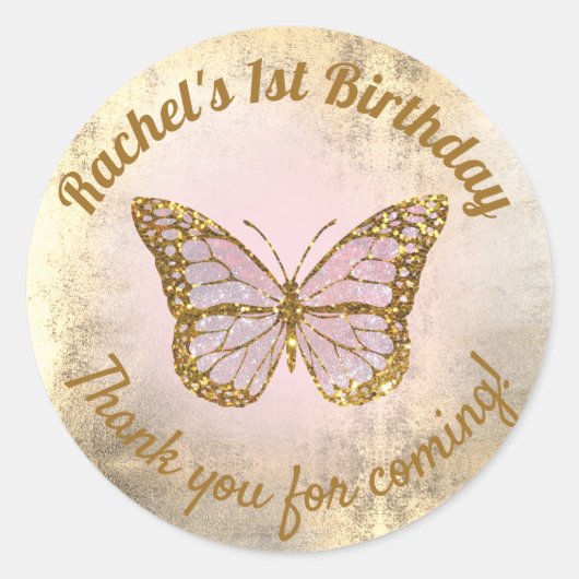 Roze vlinder bedankt voor je komst ronde sticker (Voorkant)