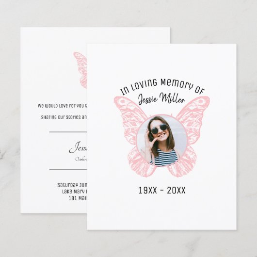 Roze vlinder | Begroting Fotoherdenkingsuitnodigin (Voorkant / Achterkant)