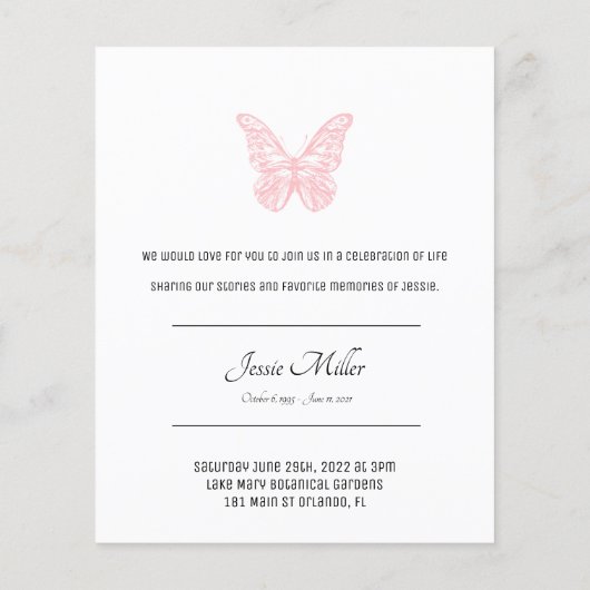 Roze vlinder | Begroting Fotoherdenkingsuitnodigin (Achterkant)