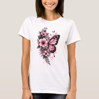 Roze Vlinder Bloem T-Shirt | Vrouwelijke Bloem Ae