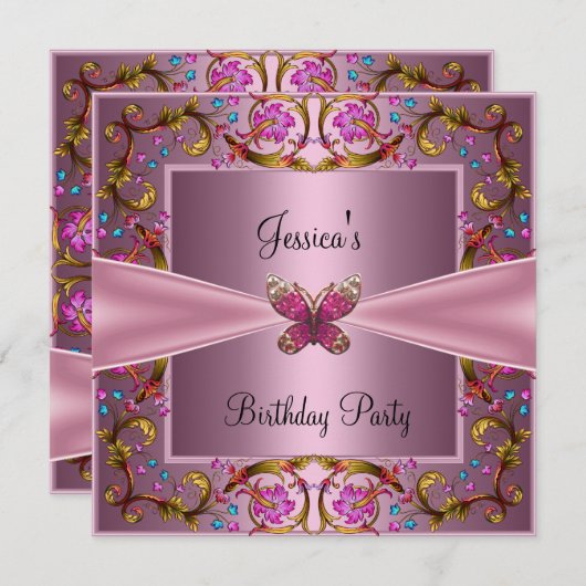 Roze Vlinder Bloem Verjaardagsfeestje Kaart (Voorkant / Achterkant)