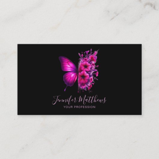 Roze Vlinder Bloemen Elegant Script Visitekaartje (Voorkant)