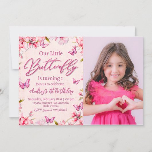 Roze Vlinder Bloemen Meisje Verjaardag Uitnodiging (Voorkant)