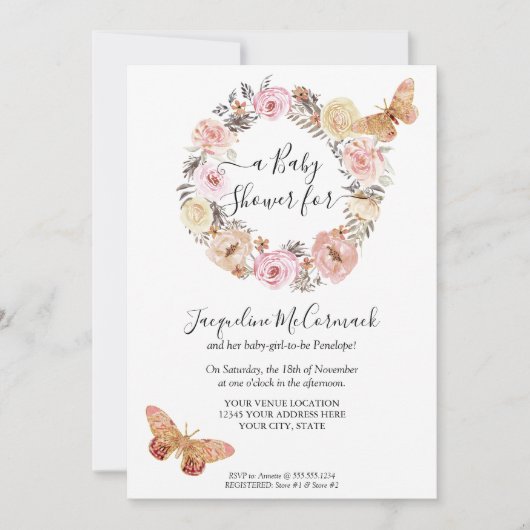 Roze Vlinder Bloemen Waterverf Krans Baby Meisje Kaart (Voorkant)