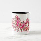 Roze Vlinder Bloemendesign Tweekleurige Koffiemok (Center)