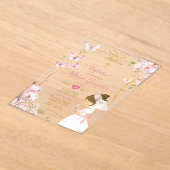 Roze vlinder bloemenmeisje biddend gouden doop acryl uitnodigingen (Laagn)
