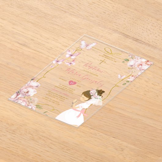Roze vlinder bloemenmeisje biddend gouden doop acryl uitnodigingen (Laagn)