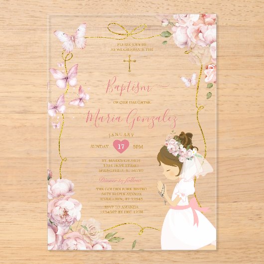 Roze vlinder bloemenmeisje biddend gouden doop acryl uitnodigingen (Voorkant)