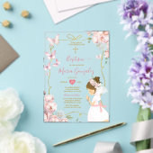 Roze vlinder bloemenmeisje biddend gouden doop acryl uitnodigingen (Insitu (Huwelijk))