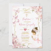 Roze vlinder bloemenmeisje biddend gouden doop kaart (Voorkant)