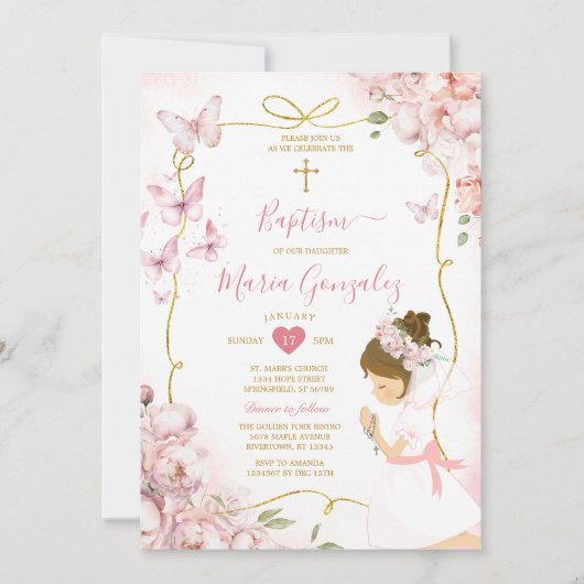 Roze vlinder bloemenmeisje biddend gouden doop kaart (Voorkant)