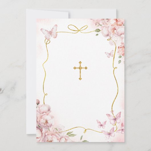 Roze vlinder bloemenmeisje biddend gouden doop kaart (Achterkant)