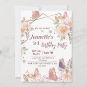 Roze vlinder bloementhema 3e verjaardag kaart (Voorkant)