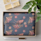 Roze Vlinder Bloempatroon op Midnight Blue Tissuepapier (Geschenk)