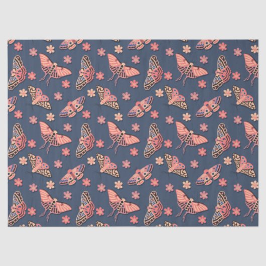 Roze Vlinder Bloempatroon op Midnight Blue Tissuepapier (Voorkant)