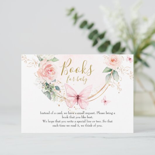 Roze vlinder Boeken voor baby kaart (Staand voorkant)