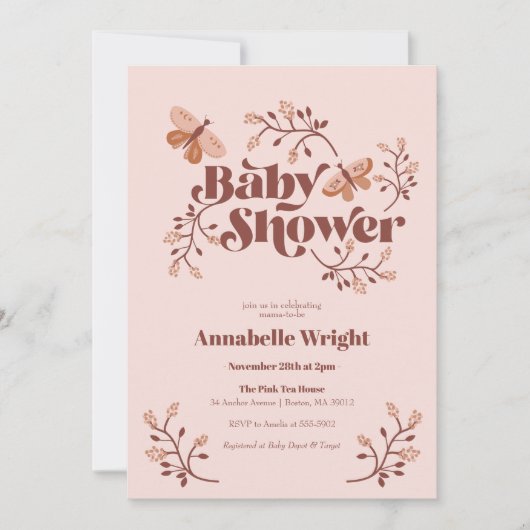 Roze Vlinder Boho Baby Shower Kaart (Voorkant)