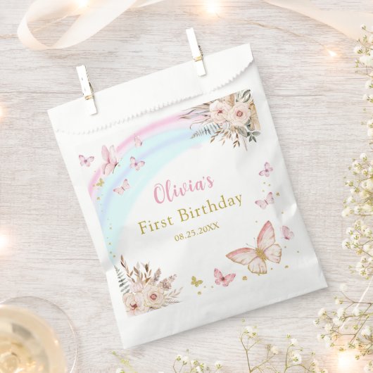 Roze Vlinder Boho Bloemen Verjaardag Favor Bag Bedankzakje (Geknipt)