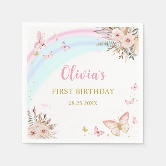 Roze Vlinder Boho Bloemen Verjaardagsfeest Servet (Voorkant)