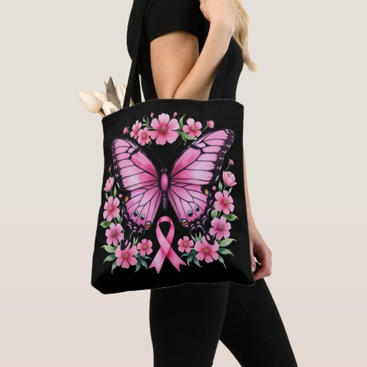Roze Vlinder Borstkanker Awareness Lint Tote Bag (Dichtbij)