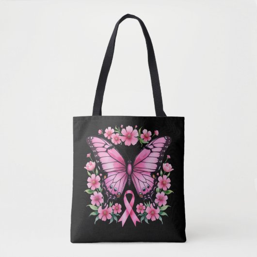 Roze vlinder borstkankerbewustzijnslint tote bag (Voorkant)