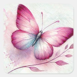 Roze Vlinder Botanisch Waterverfschilderij Vierkante Sticker