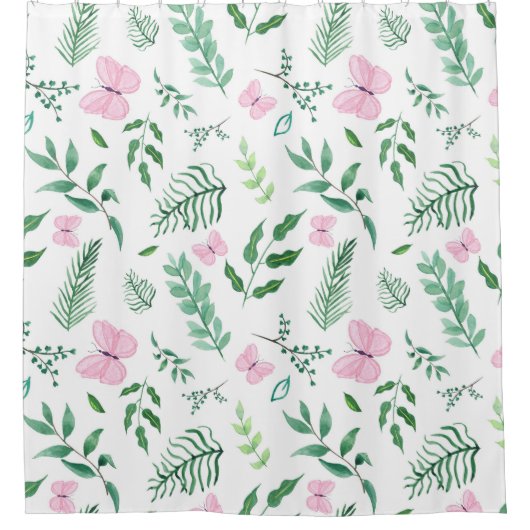 Roze Vlinder Botanische groen Waterverf Douchegordijn (Voorkant)