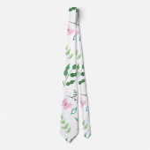 Roze Vlinder Botanische groen Waterverf Stropdas (Voorkant)