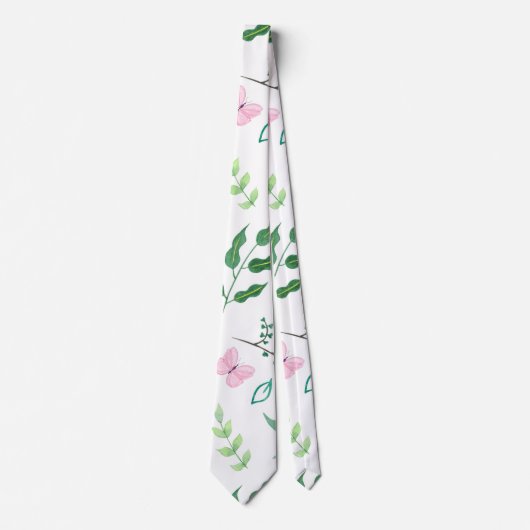 Roze Vlinder Botanische groen Waterverf Stropdas (Voorkant)