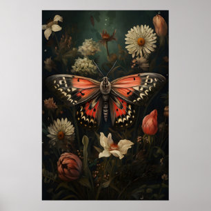 Roze Vlinder Botanische Print, Vintage Bloemen Poster