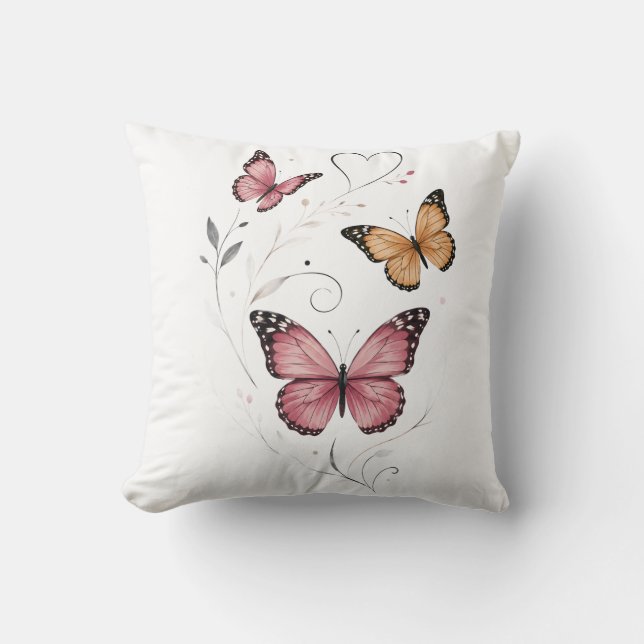  Roze Vlinder Botanische Waterverf Kussen (Voorkant)