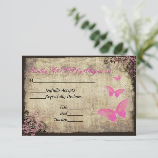 Roze  Vlinder Bruiloft RSVP Kaart (Staand voorkant)
