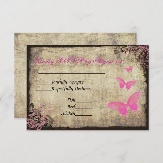 Roze Vlinder Bruiloft RSVP Kaart (Voorkant / Achterkant)