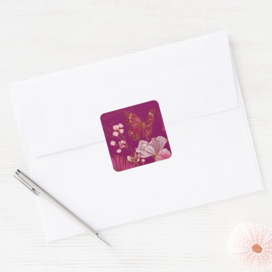 Roze vlinder collectie vierkante sticker (Envelop)