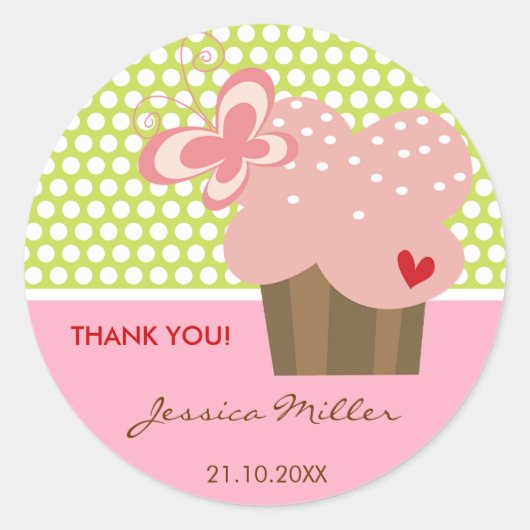 Roze Vlinder Cupcake Meisje Verjaardagsfeestje Sti Ronde Sticker (Voorkant)