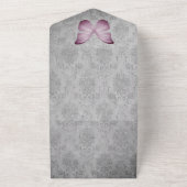 Roze vlinder Damask bruiloft All In One Uitnodiging (Buitenkant)