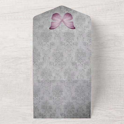 Roze vlinder Damask bruiloft All In One Uitnodiging (Buitenkant)
