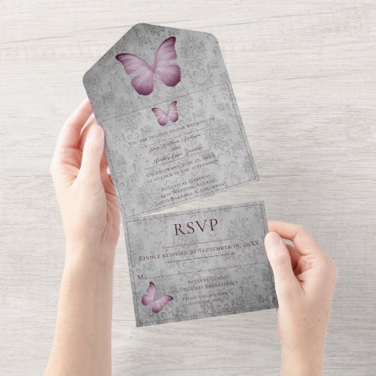 Roze vlinder Damask bruiloft All In One Uitnodiging (Afscheurbaar)