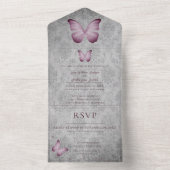 Roze vlinder Damask bruiloft All In One Uitnodiging (Binnen)