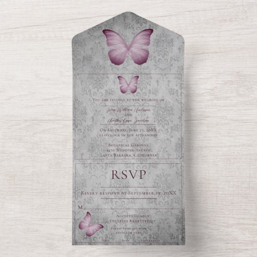 Roze  vlinder Damask bruiloft All In One Uitnodiging (Binnen)