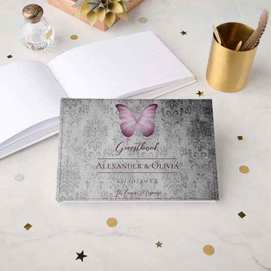 Roze  vlinder Damask bruiloft Gastenboek (Voorkant open)