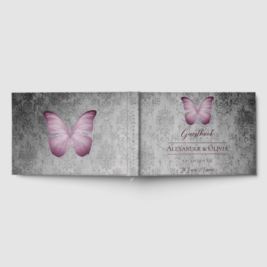 Roze  vlinder Damask bruiloft Gastenboek (Volledig)