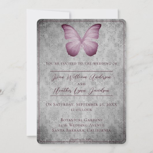 Roze  vlinder Damask bruiloft Kaart (Voorkant)