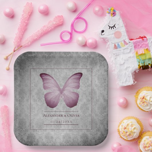 Roze  vlinder Damask bruiloft Papieren Bordje (Feest)