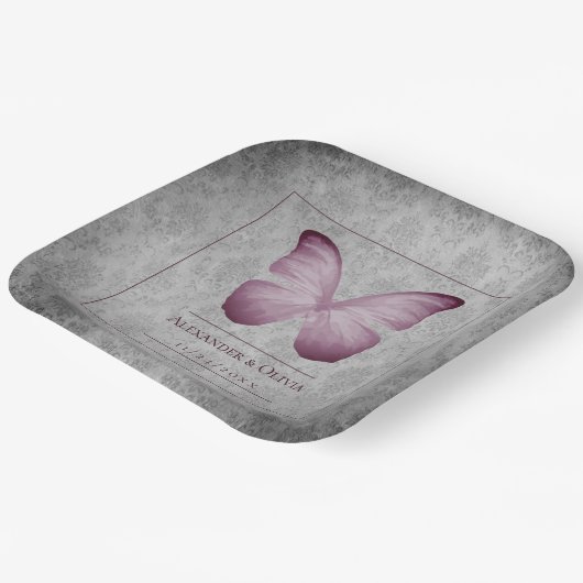 Roze  vlinder Damask bruiloft Papieren Bordje (Gebogen)
