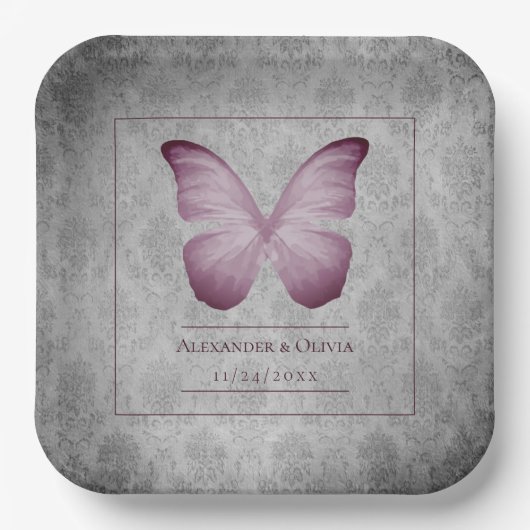 Roze  vlinder Damask bruiloft Papieren Bordje (Voorkant)